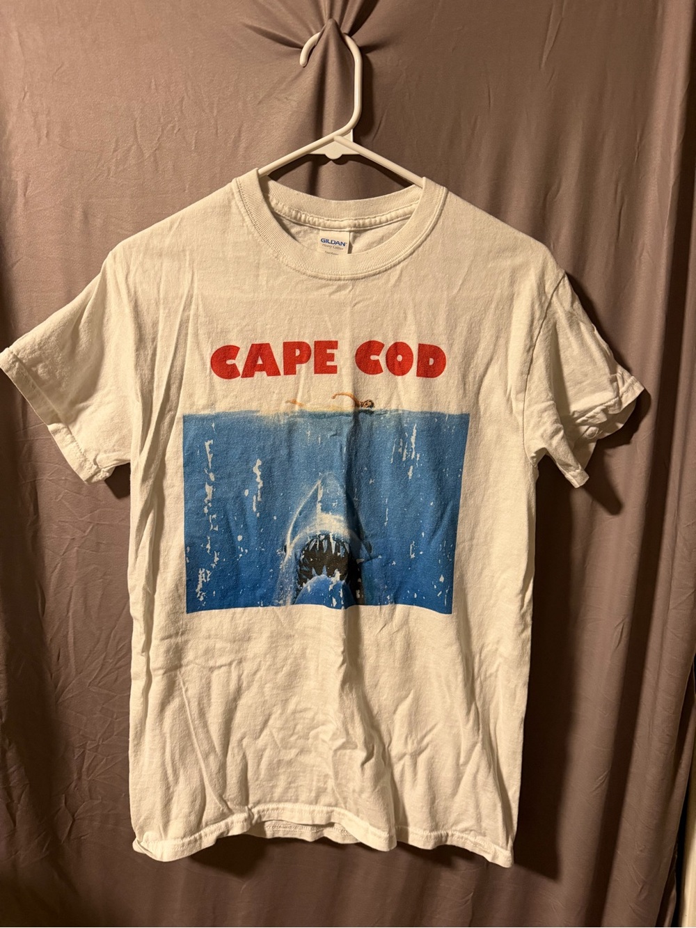 Gildan White Kids Tee with Blue Shark and Red CAPE COD Text
